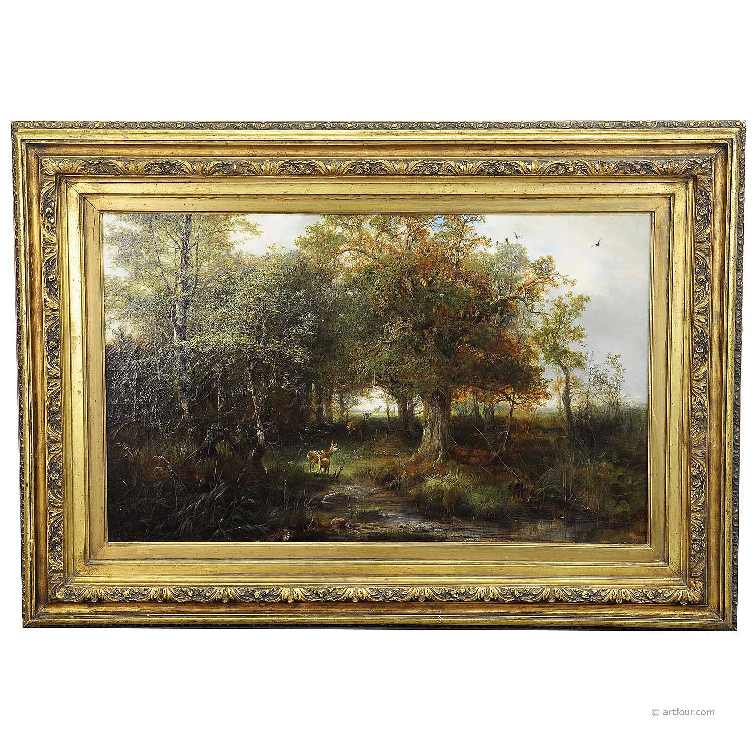 Ludwig Sellmayr - Stag with doe and fawn in the forest around 1880