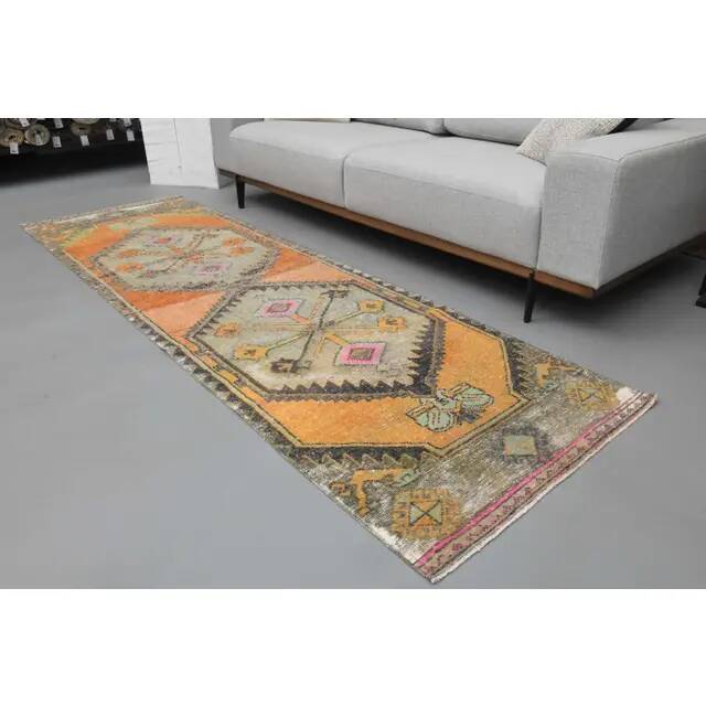 1970s Turkish hand-knotted wool cotton orange runner rug 85x273