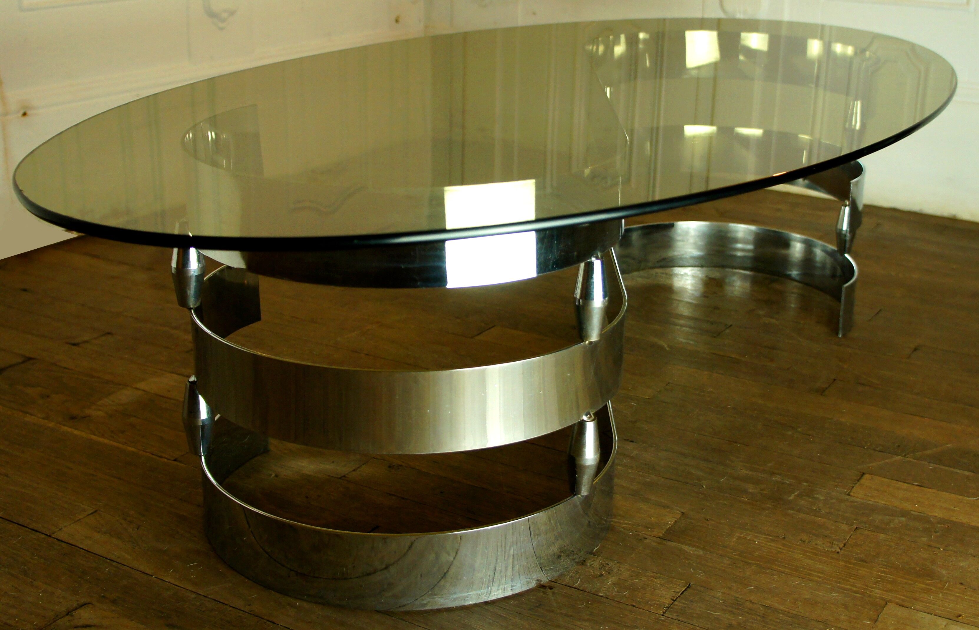 Chrome metal coffee table and 1970 smoked glass