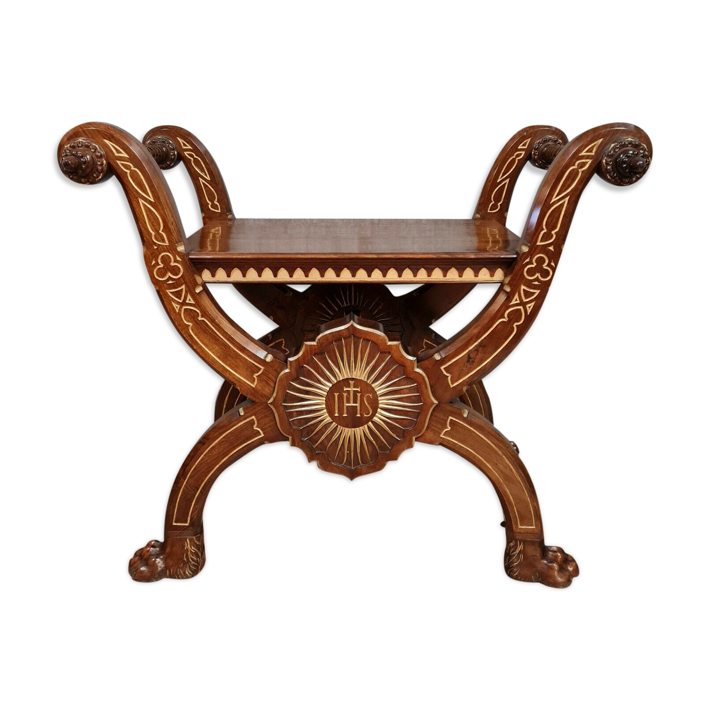 Bishop's curule armchair in solid walnut and gilding highlights with religious symbols