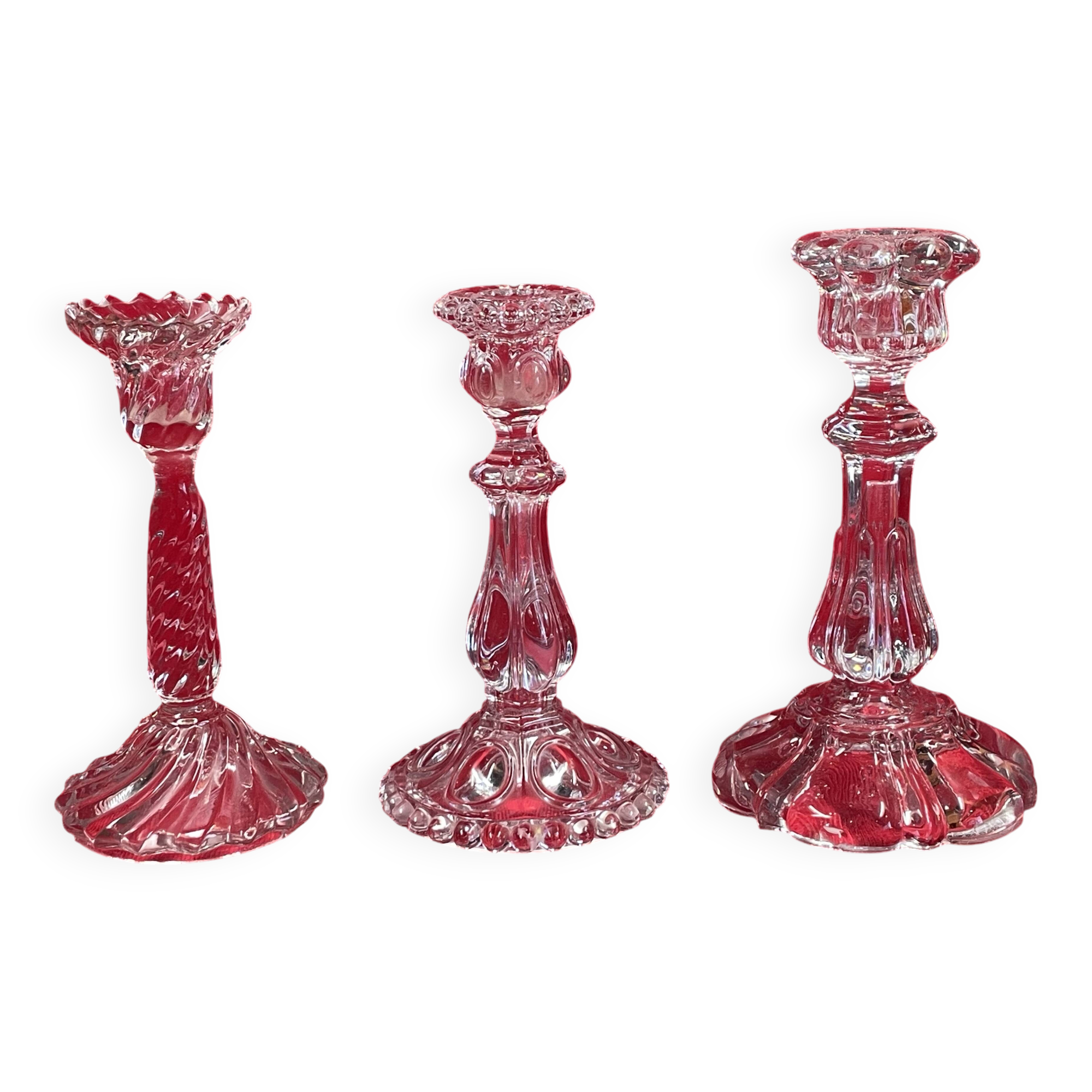 Set of 3 different candle holders, molded glass, very trendy 20 to 22 cm