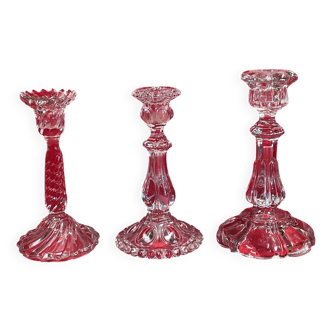 Set of 3 different candle holders, molded glass, very trendy 20 to 22 cm