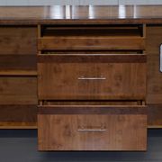 Walnut Burr buffet with drawers and wheels, part of a set.