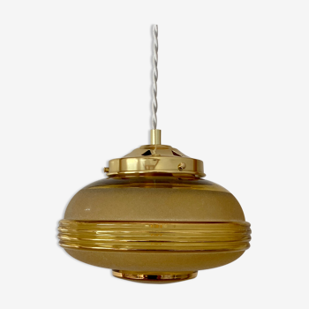 Suspension globe cintage en verre givre jaune et doré