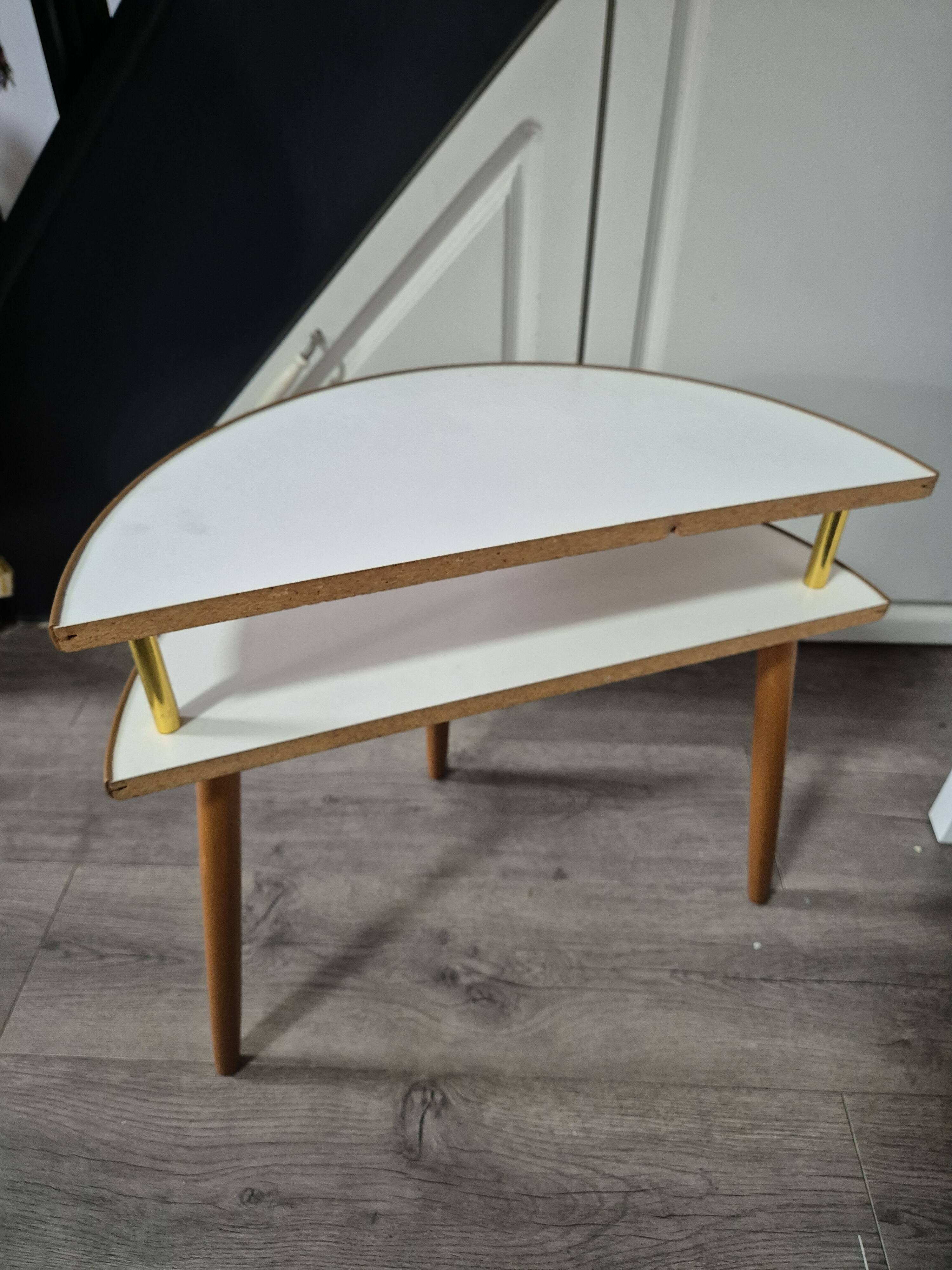 bedside or side table, vintage half circle 3 feet white trays made in England