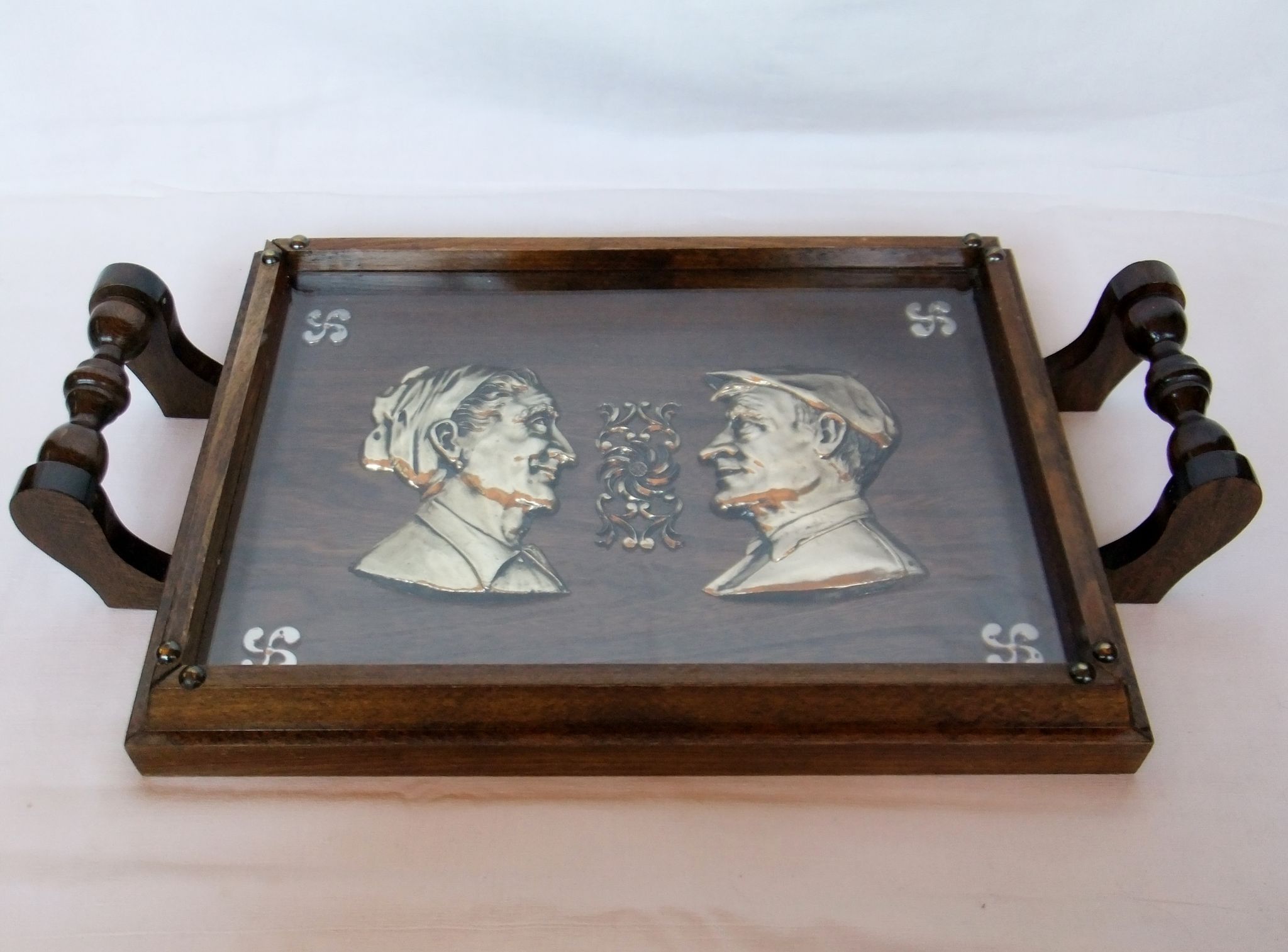 Basque service tray cross character under glass wood vintage handles painting