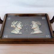 Basque service tray cross character under glass wood vintage handles painting
