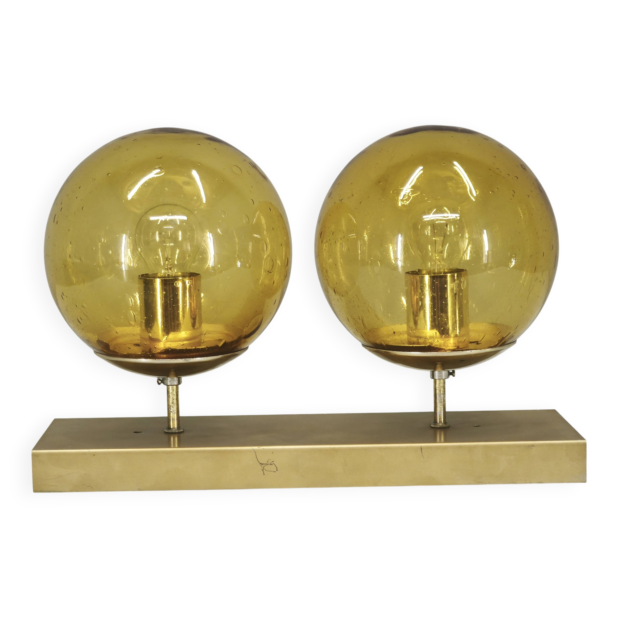 1970s Space Age Amber Glass Double Wall Lamp, Kamenický Šenov