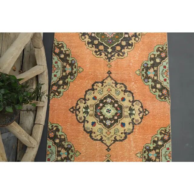 1970s Turkish Oushak Handmade Wool Cotton Orange Runner 98x378