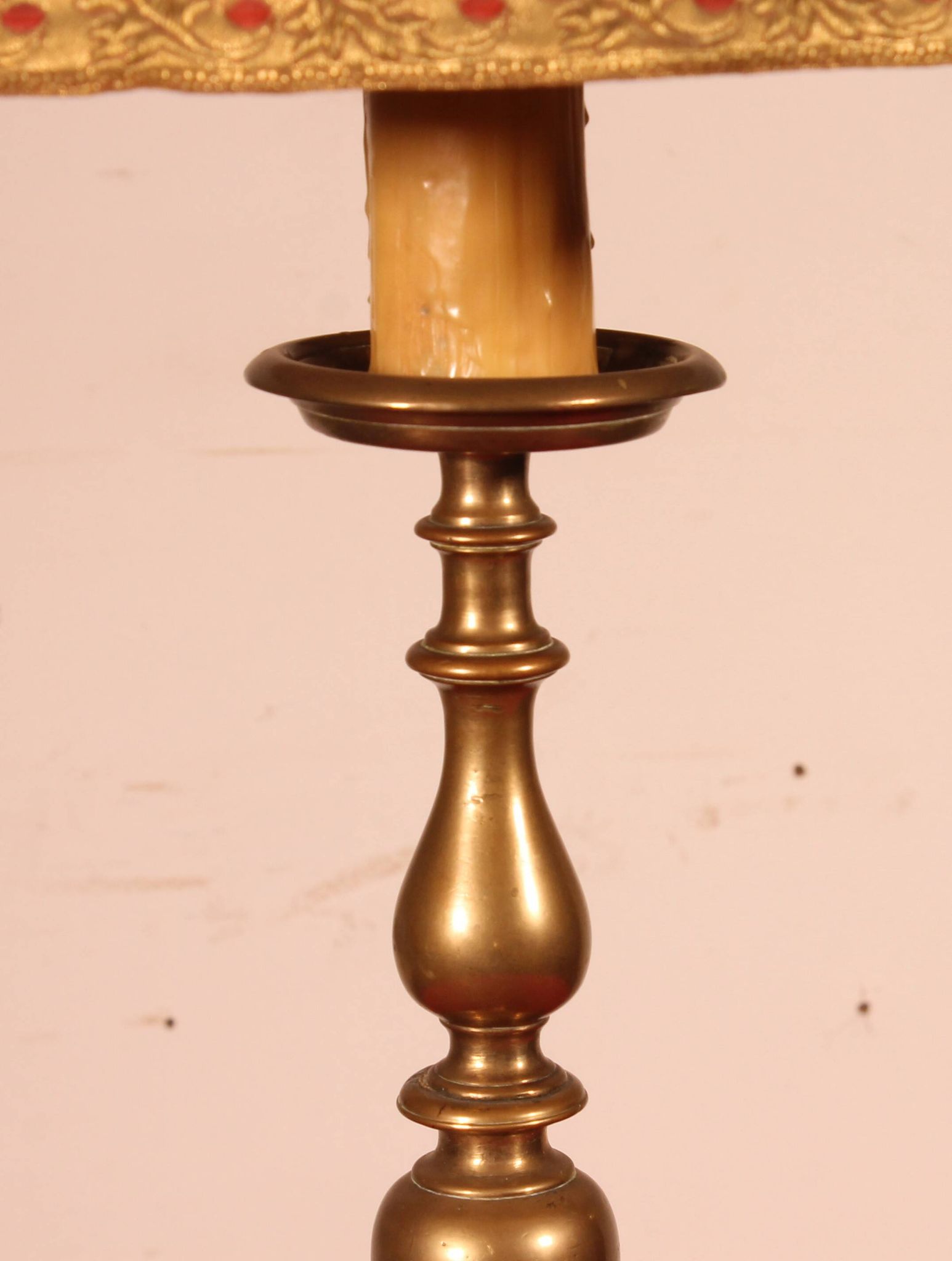 17th Century Bronze Candle Holder Mounted As A Lamp With Its Parchment Lamp