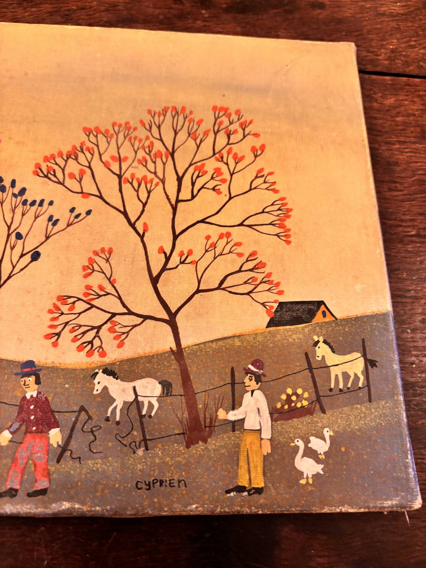 Tableau d'art naïf vintage - Scène champêtre. Art populaire