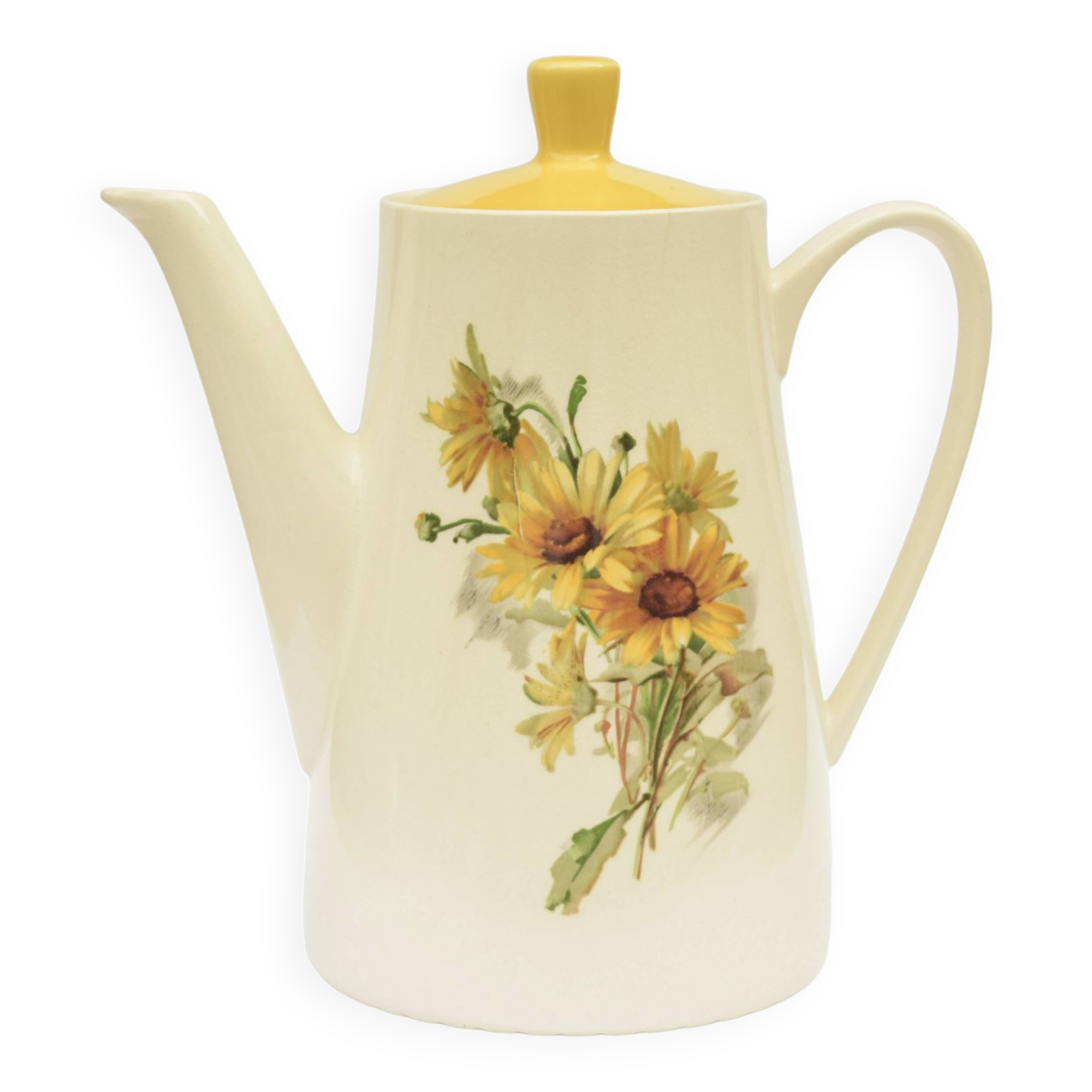 Old glazed ceramic coffee pot decorated with sunflowers