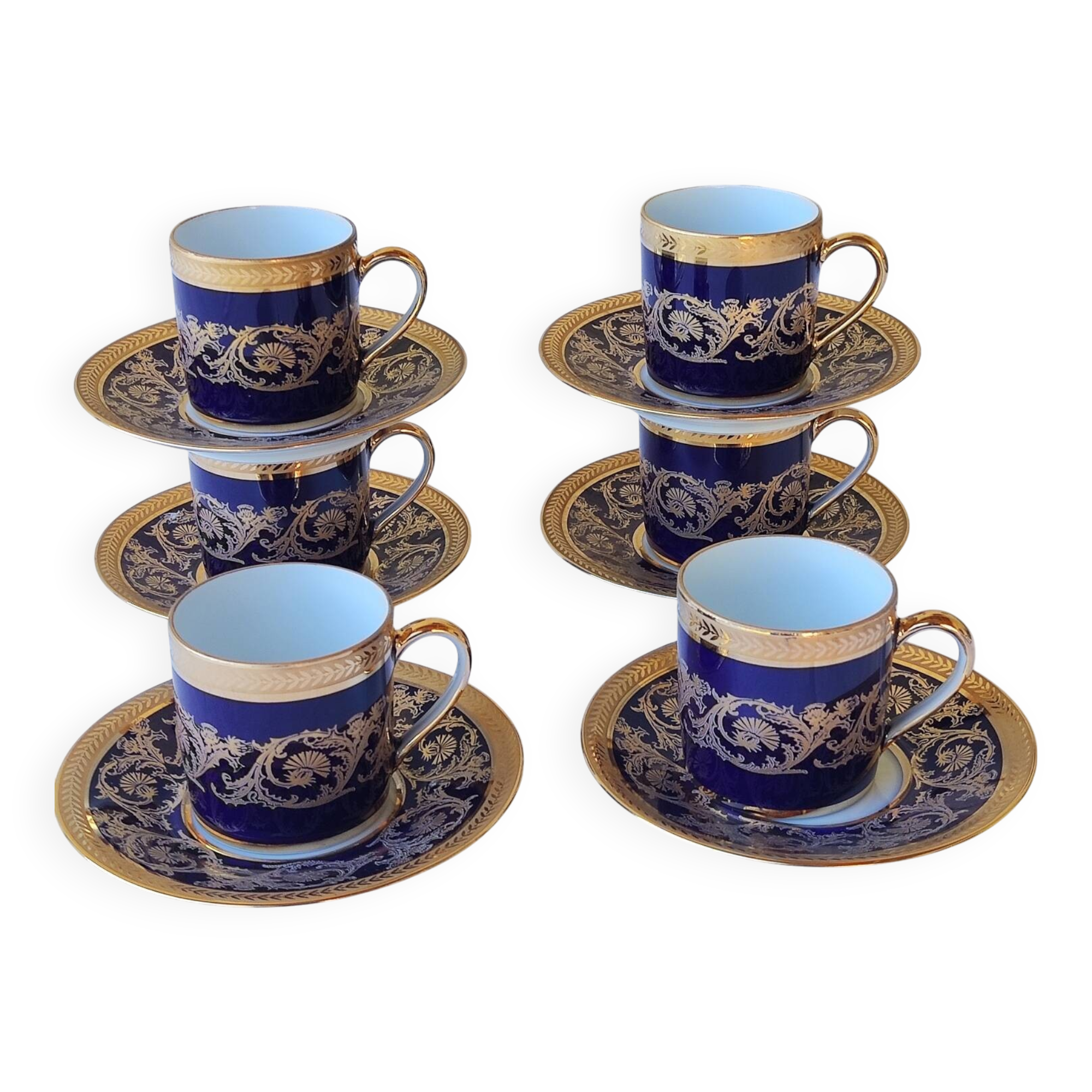 6 litron cups and saucers - oven blue and gold - Limoges porcelain