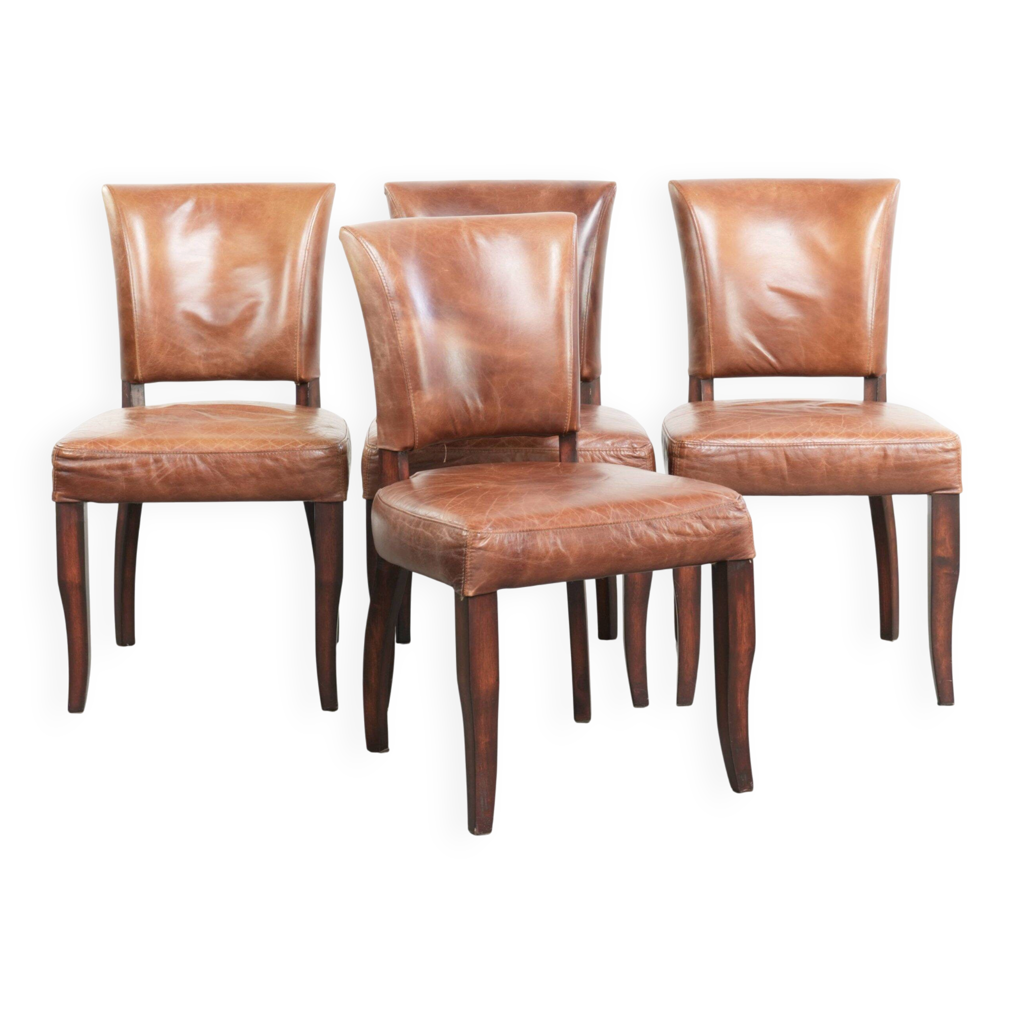 Set of 4 cognac-coloured cowleather dining chairs with decorative nails