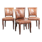 Set of 4 cognac-coloured cowleather dining chairs with decorative nails