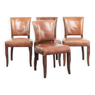Set of 4 cognac-coloured cowleather dining chairs with decorative nails