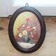Small vintage oval painting – Raised bouquet of flowers – Retro burgundy frame
