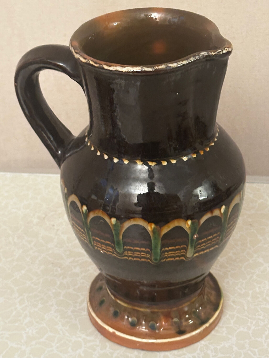 Vintage Romanian glazed pottery pitcher