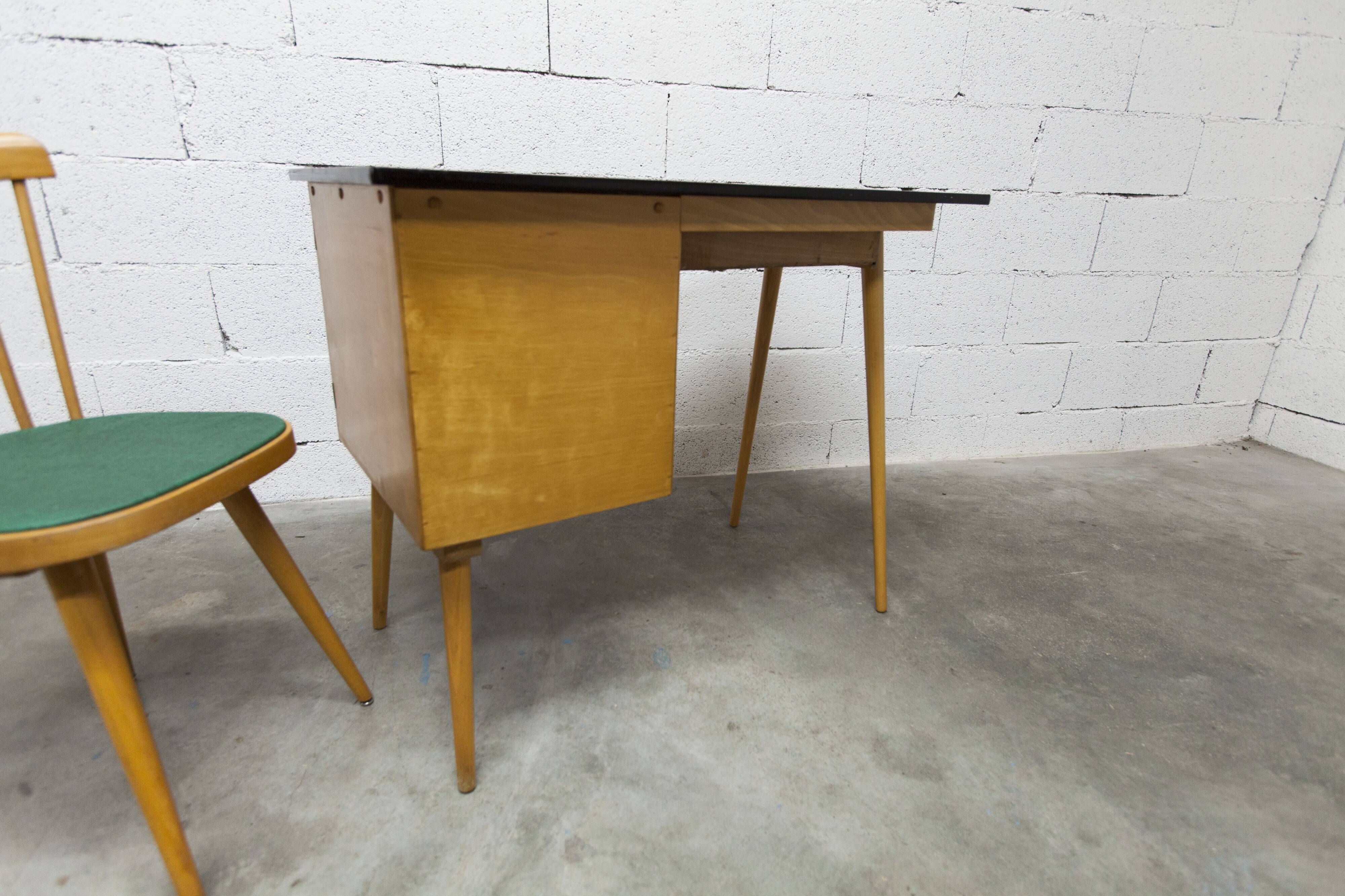 Baumann desk and chair, 1960s, Formica, wood and black, green seat