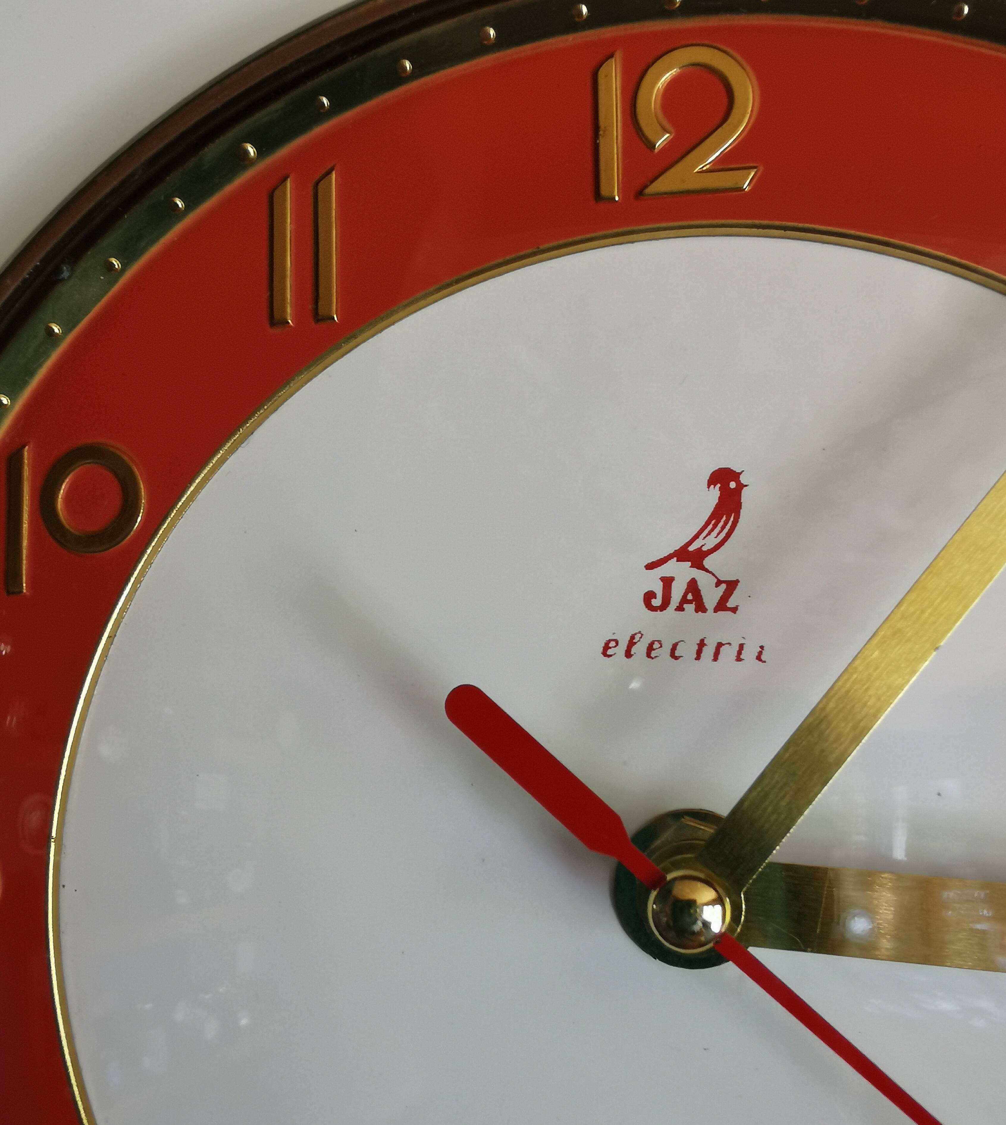 Vintage Formica clock silent trapeze wall pendulum "Jaz white orange"