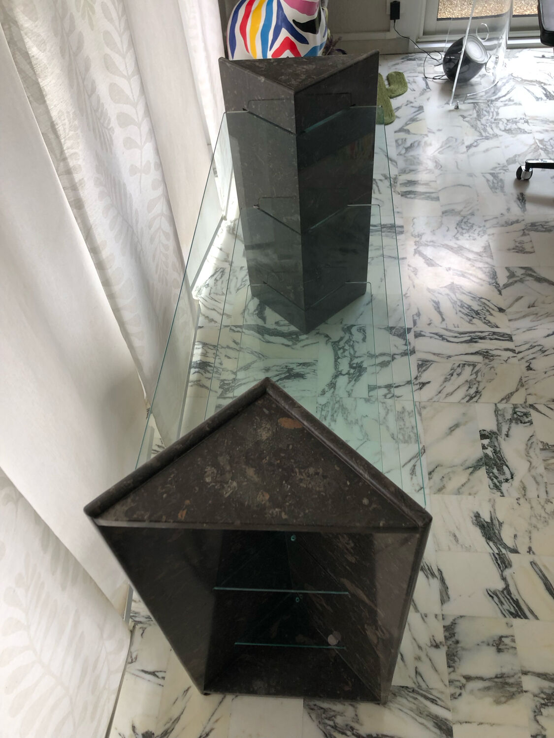 Roche Bobois console in veined black marble and glass, 1990s.