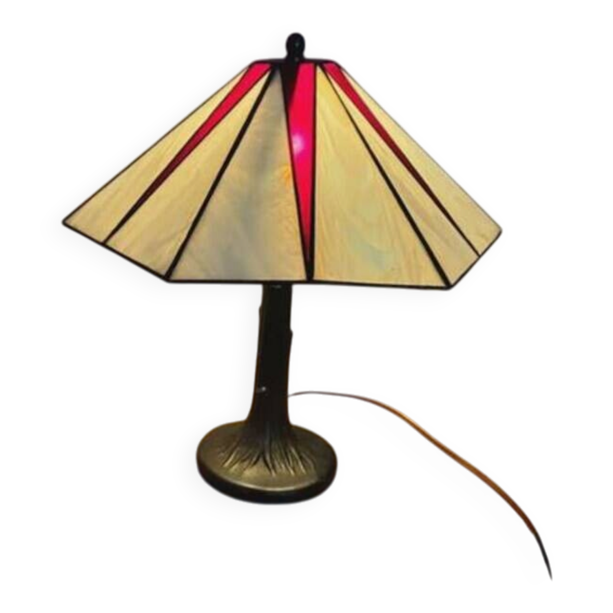Honsel Tiffany-style table lamp, cream and red glass shade, 1970s