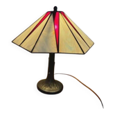 Lampe de table de style Tiffany Honsel, abat-jour en verre crème et rouge, années 1970.
