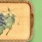 Vintage rattan and varnished wood tray - grape cluster decor