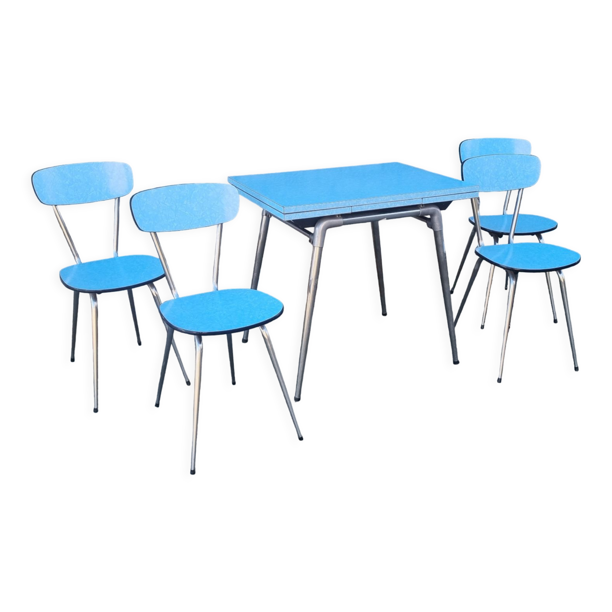Blue formica set Jafae and its 4 vintage chairs, 70s