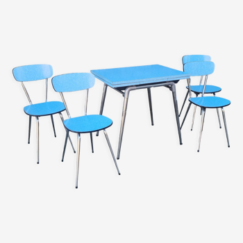 Blue formica set Jafae and its 4 vintage chairs, 70s