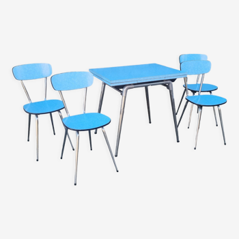 Ensemble formica bleu Jafae et ses 4 chaises vintage, années 70