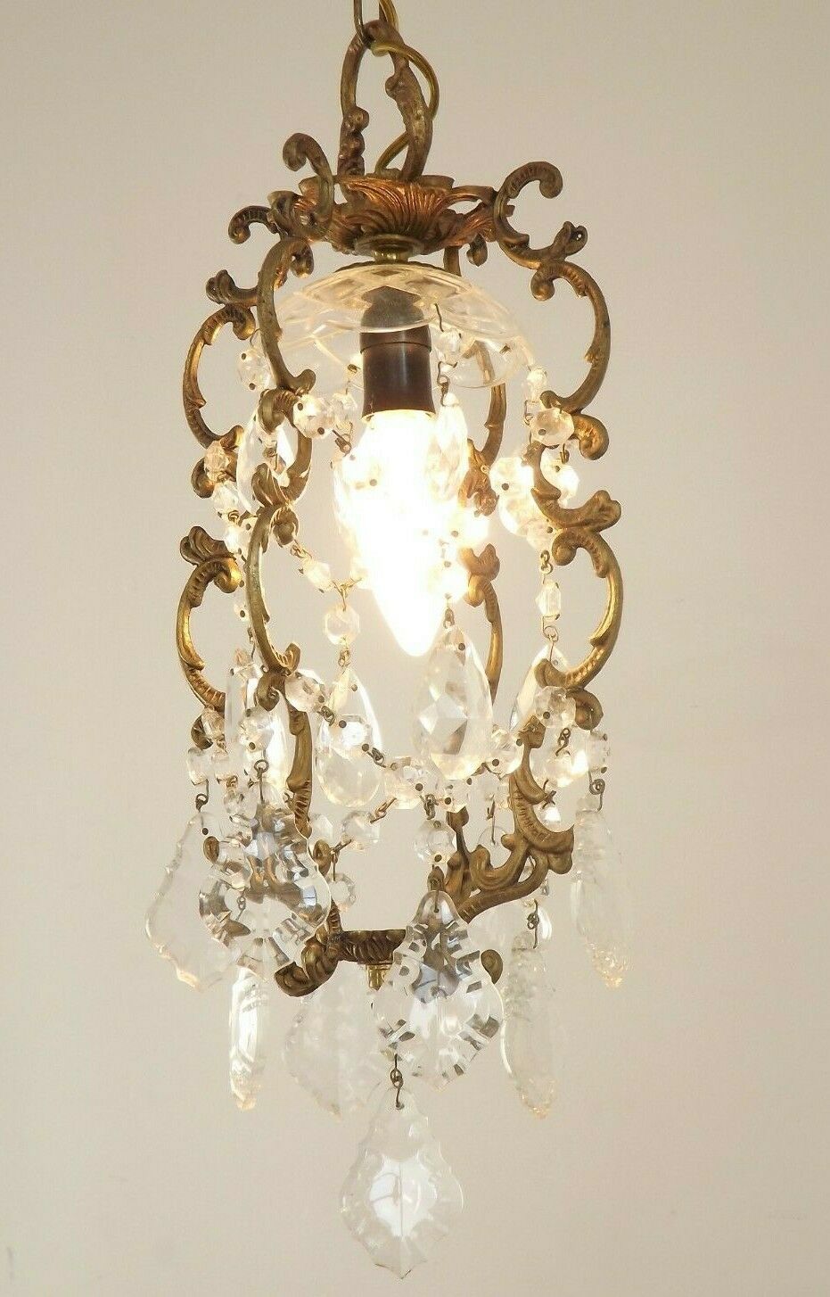French antique small brass crystal & glass single light cage chandelier 3277