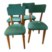 Lot de 4 chaises vintage en bois blond et skaï turquoise – Années 1960