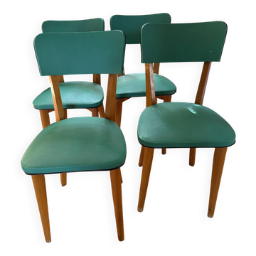 Set of 4 vintage chairs in blonde wood and turquoise faux leather – 1960s