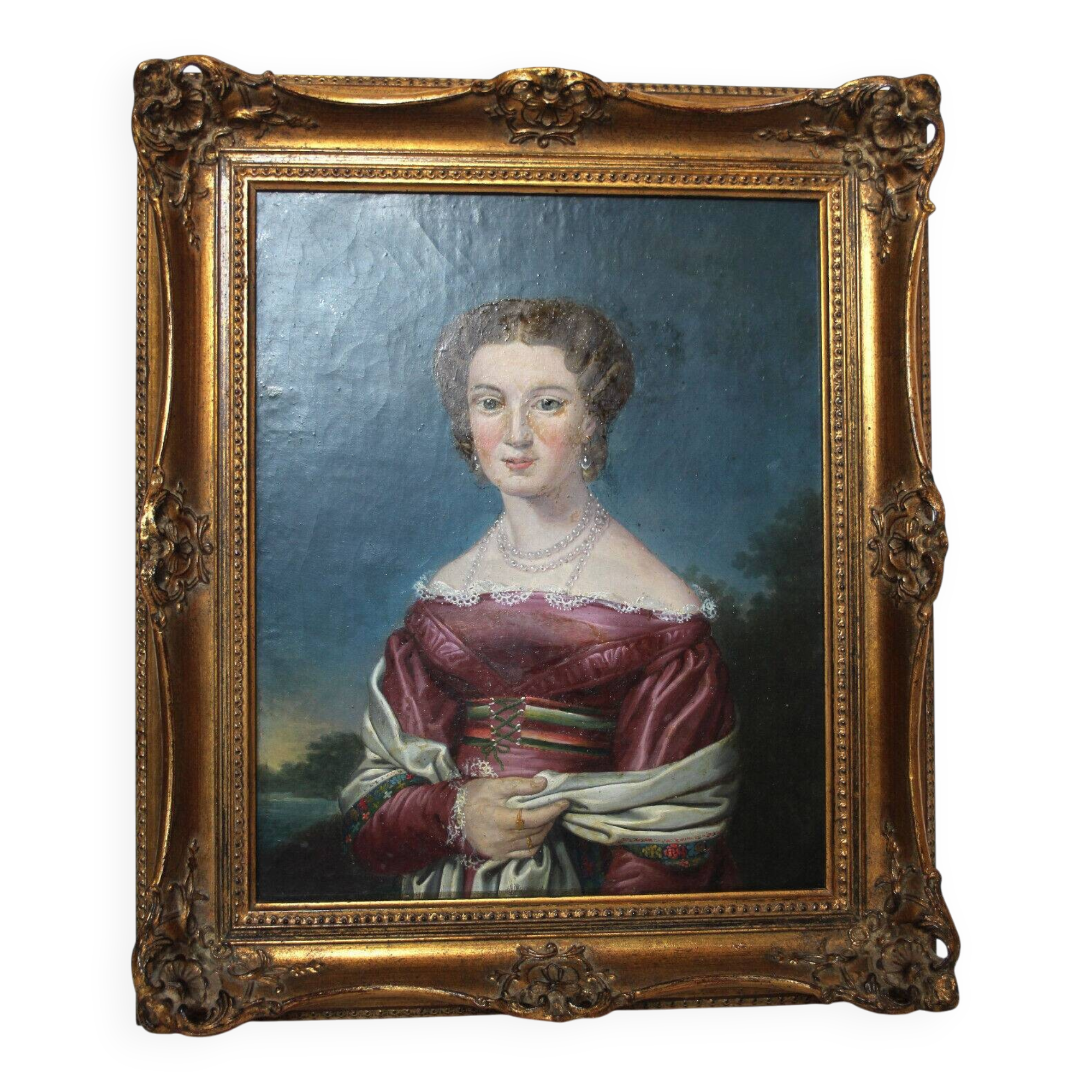 Elegant 19th-Century Portrait of a Lady – Oil on Canvas, Gilded Frame