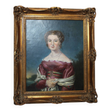 Élégant portrait de dame du XIXe siècle – Huile sur toile, cadre doré