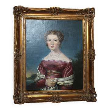 Élégant portrait de dame du XIXe siècle – Huile sur toile, cadre doré