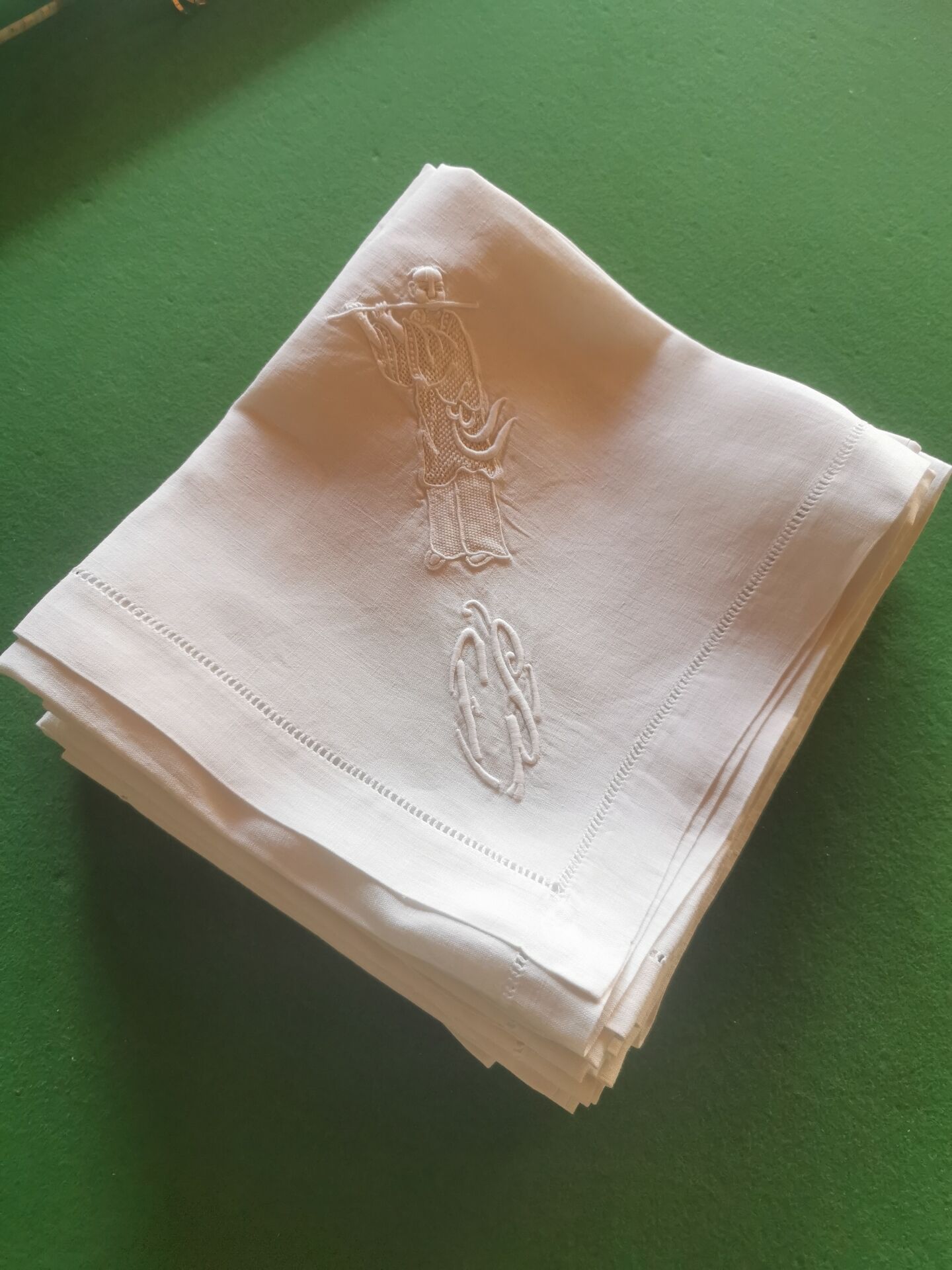 12 old damask linen napkins with a monogram