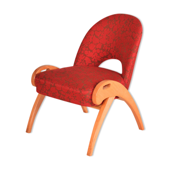 Red Mid Century Armchair, made in 1950s Czechia. Beech. Original condition.