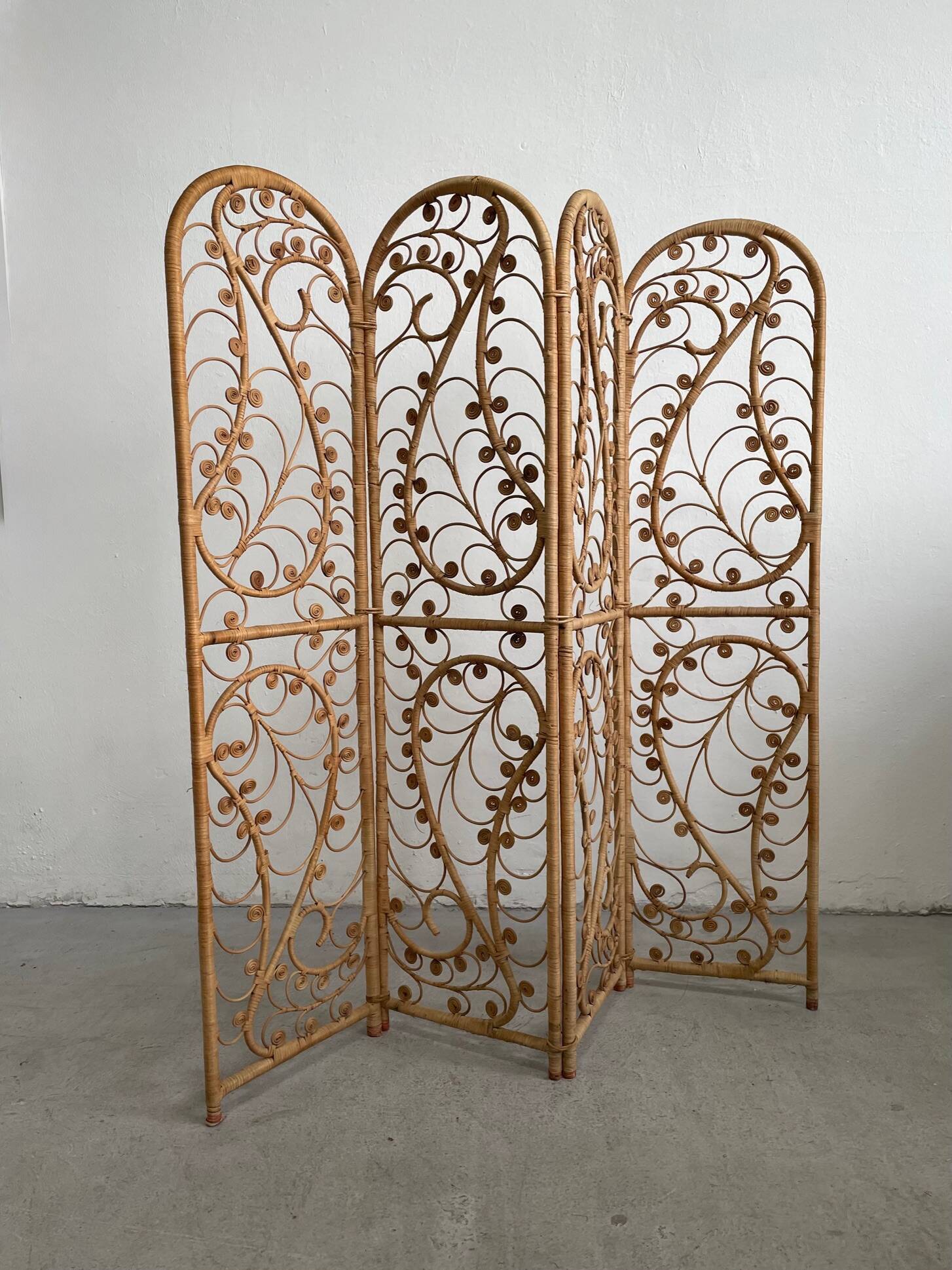 Vintage Four-part Rattan Peacock Screen, Room Divider, 1950s