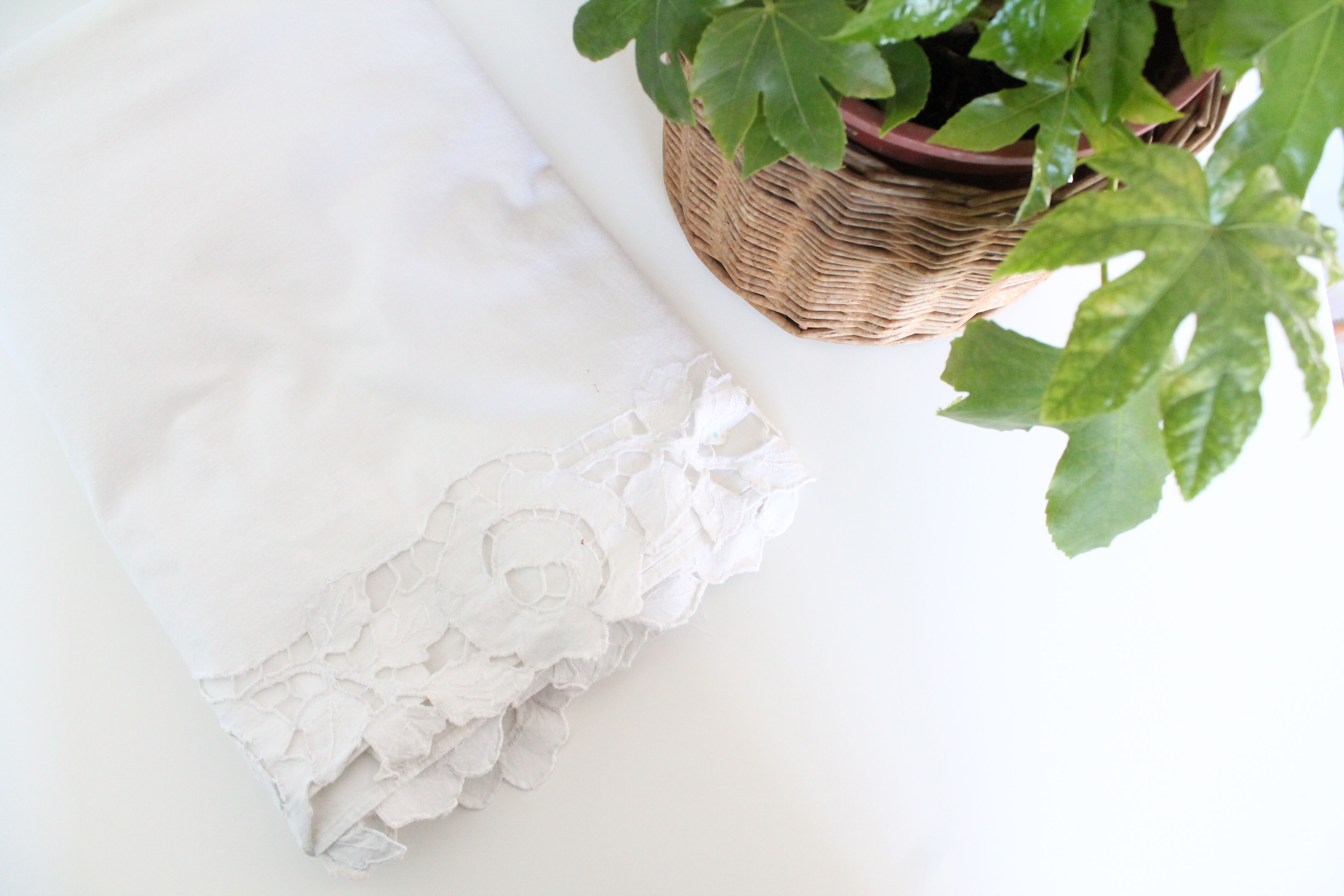 Antique cotton and linen sheet, flower embroidery, rare, 190 x 190