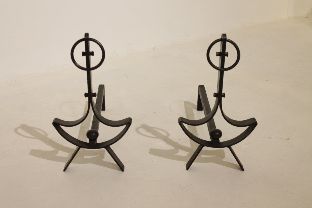 Pair of modernist wrought iron fire dogs