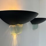 Pair of vintage post-modernist wall lights, black metal and glass, France 1980