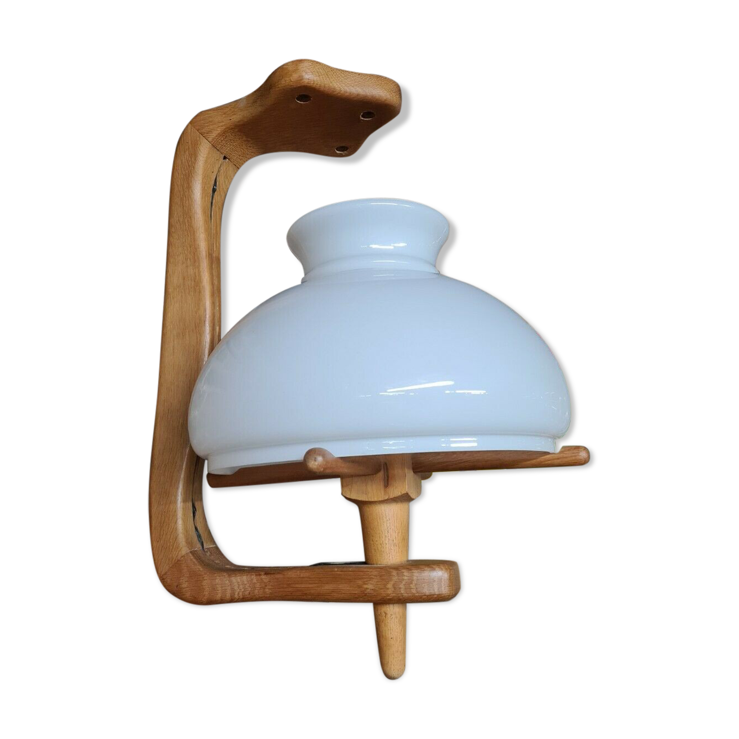 Vintage pendant lamp with opaline "your home" byGuillerme & Chambron in wood