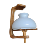 Vintage pendant lamp with opaline "your home" byGuillerme & Chambron in wood