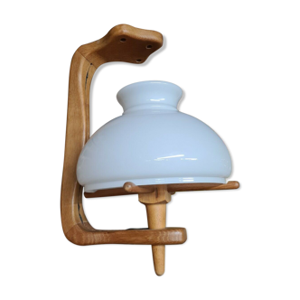 Vintage pendant lamp with opaline "your home" byGuillerme & Chambron in wood