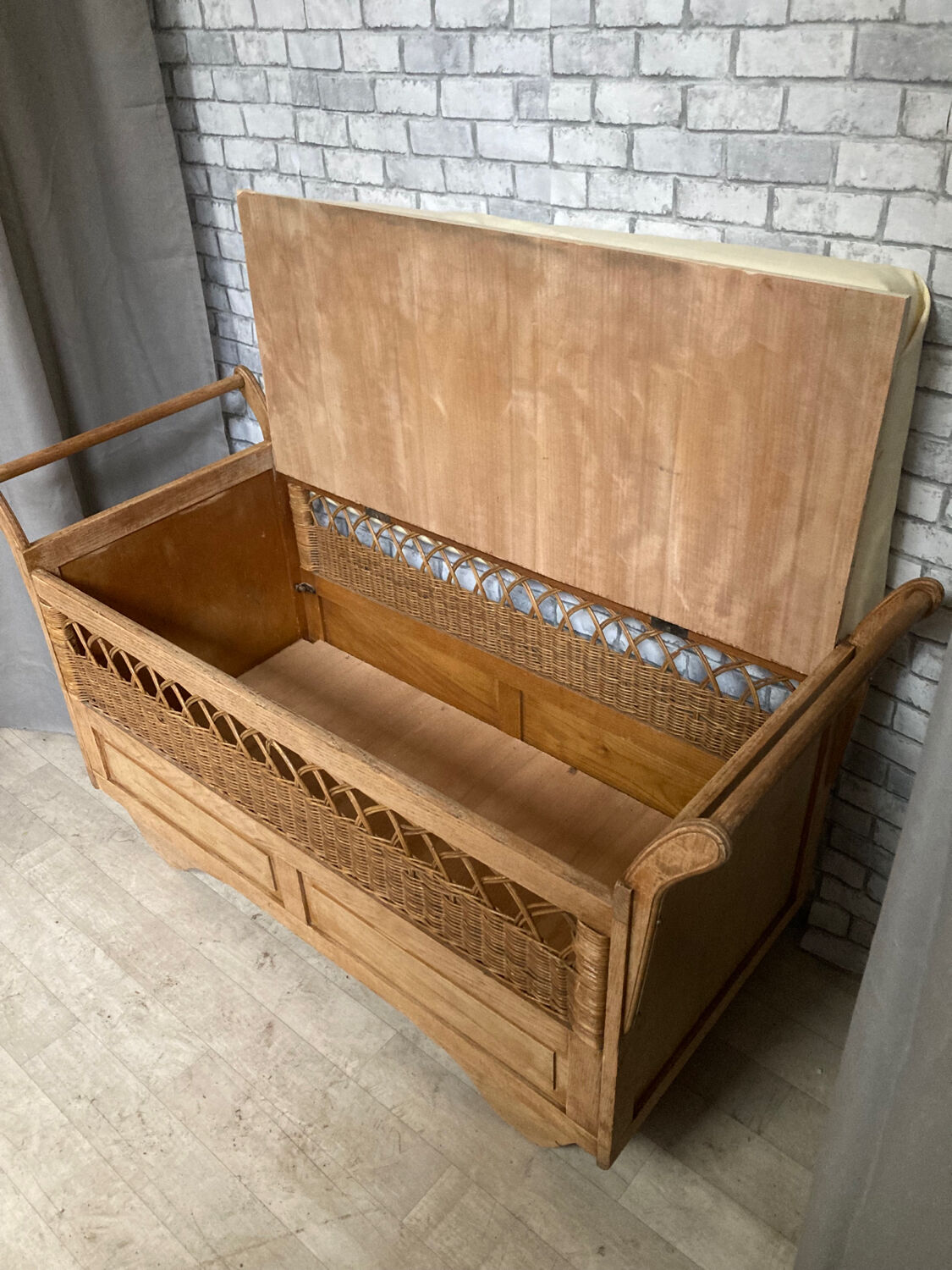 Wooden and rattan chest bench