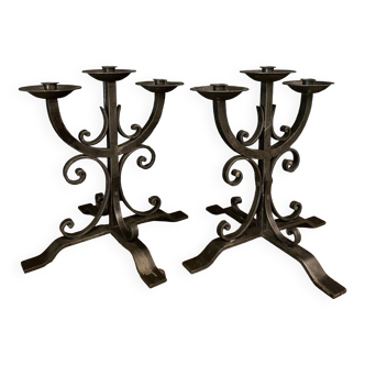Pair of neo-gothic ironwork candlesticks with 3 lights 1940