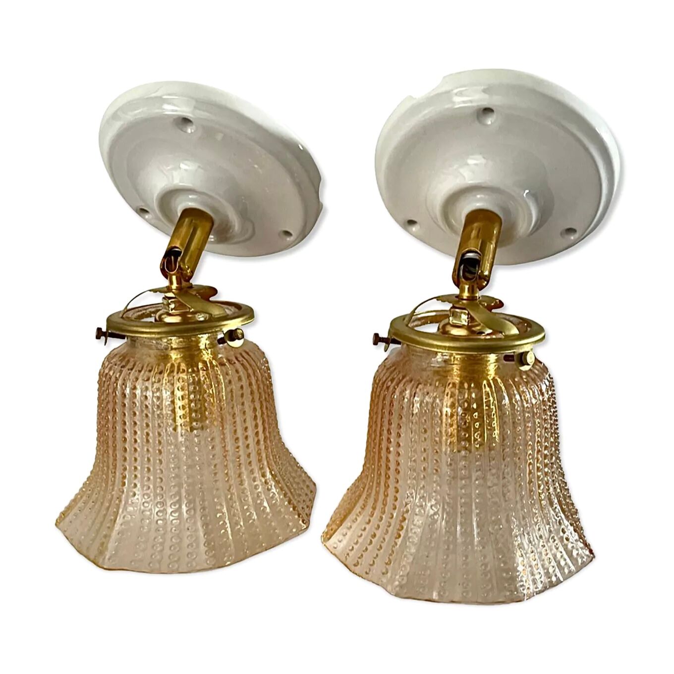 Pair of vintage sconces in electrified gold chiseled glass