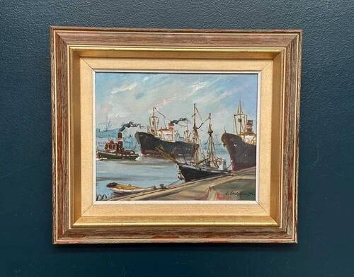 Oil on Canvas “Ships” by Josef Lang, Signed, Vintage & Framed 40×34cm